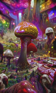 a group of people standing in front of colorful mushrooms