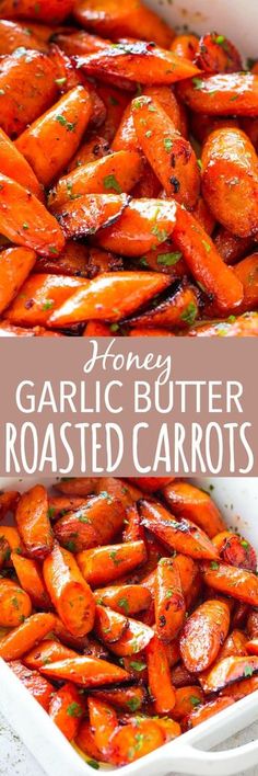 honey garlic butter roasted carrots in a casserole dish with text overlay