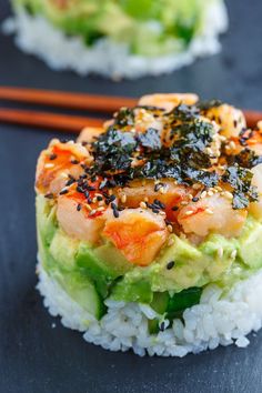 sushi with shrimp and avocado served on rice