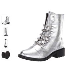 Circus By Sam Edelman Women's Dacey Silver Metallic Crackle Fashion Combat Boot (10, Soft Silver Metallic Crackle) New In Box Silver Round Toe Boots For Spring, Silver Closed Toe Boots For Spring, Silver Spring Boots, Silver Synthetic Boots With Round Toe, Trendy Silver Lace-up Boots, Trendy Silver Boots With Round Toe, Clear Boots, Black Leather Combat Boots, Combat Boots Style