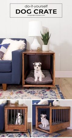 the dog crate is made out of wood and has two small dogs inside, one sitting in it