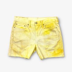 "Gender:Womens  Vintage Levi's 514 cut off denim shorts in overdyed yellow with a zip fly. Waist measures size W32. Made from cotton blend.  Condition:Excellent  Shorts have been overdyed. Colour may transfer. Please rinse thoroughly.  Measurements:     Waist: 32\"   Leg Length: 4\"" High Waist Yellow Denim Jean Shorts, Trendy Yellow Jean Shorts, Yellow High Waist Cotton Jean Shorts, Yellow High-waisted Casual Jean Shorts, Yellow Cotton Jean Shorts, Mexican Baja Hoodie, Levis 514, Levis Denim Shorts, Baja Hoodie