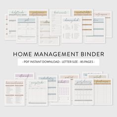 the printable home management binder is shown in several different colors and font options