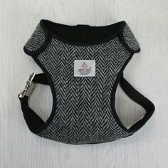 a black and white tweed dog harness