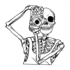 a black and white drawing of a skeleton with a camera in it's hand