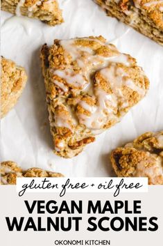 vegan maple walnut scones with glaze on top and text overlay that reads gluten free, oil - free vegan maple walnut scones