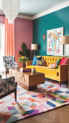 a living room with colorful furniture and art work on the wall above it's windows