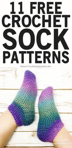 two hands wearing knitted socks with text overlay that reads 11 free crochet sock patterns