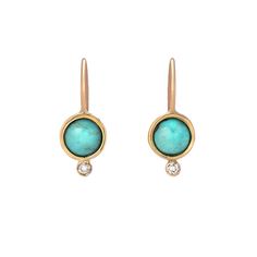 earthen delight... The Diamond Terrano Turquoise Earrings are an exercise in beauty through simplicity. Each round Turquoise Cabachon is mounted in a minimalist handmade gold bezel setting. Below each blue beauty sits a dainty Diamond, set in in its own small golden bezel, echoing the circular shapes above. The Diamonds add a sparkling contrast to the adjacent opaque blue hues. A hand formed contoured earwire gracefully bends over the top of the Turquoise treasures, allowing the stones to sit at Turquoise Diamond Earrings, Turquoise Drop Earrings, Blue Beauty, Earrings Turquoise, Wedding Rings Vintage, Yellow Gold Earring, Opal Earrings, December Birthstone, Handmade Gold