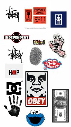 an assortment of stickers and decals on a white background, including hand prints