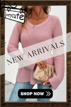 Pink Plain Long Sleeve Sweater Chic Spring Sweater For Cold Weather, Fitted Casual Tops For Cold Weather, Casual Fitted Tops For Cold Weather, Pink Tops For Fall, Pink Solid Color Tops For Fall, Pink Solid Color Top For Fall, Solid Color Long Sleeve Sweater For Cold Weather, Long Sleeve Solid Color Sweater For Cold Weather, Pink Winter Tops For Cold Weather