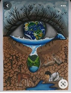 a drawing of an eye with the earth in it's center surrounded by animals