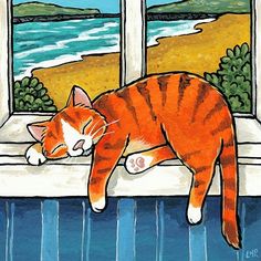 an orange and white cat laying on top of a window sill looking out at the ocean