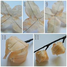 step by step instructions on how to make an origami flower with paper leaves