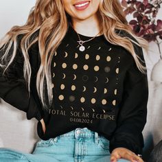 Wrap yourself in celestial wonder with our Total Solar Eclipse Sweatshirt! Crafted to commemorate the unforgettable April 8th, 2024 event, this Celestial Sweatshirt is more than just a garment--it's a piece of history. Featuring a captivating Moon Phase design, it perfectly captures the essence of the American Eclipse. Whether you're an astronomy enthusiast or simply seeking a unique gift for an eclipse lover, this sweatshirt is sure to delight! -------------------------------------------------- Washing And Drying Machine, Solar Eclipse, Moon Phases, Shirt Style, Solar, No Response, Turn Ons, Adult Outfits, Tops & Tees