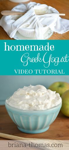 homemade greek yogurt in a bowl with apples and napkins on the side