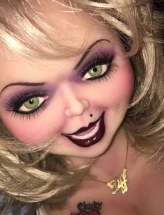 Tiffany Halloween Costume Makeup, Chuckys Bride Costume Makeup, Bride Of Chucky Makeup Make Up, Tiffany Chucky Makeup Look, Tiffany From Bride Of Chucky Makeup, Tiffany Costume Makeup, Tiffany Costume Ideas, Bride Of Chucky Cosplay, Tiffany From Chucky Makeup