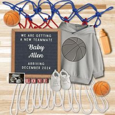 an image of baby shower items with basketballs and shoes on the floor next to it