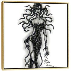 a drawing of a woman in a dress with tentacles on her body and hands behind her back