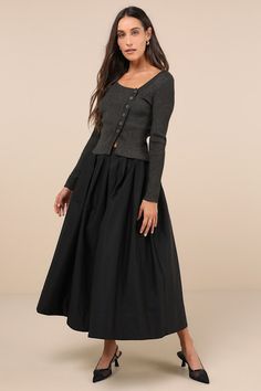 No matter your aesthetic, your looks will always be adorable when you've got the ASTR the Label Katarina Black Pleated Cotton Midi Skirt! Crisp woven cotton shapes this stylishly simple skirt that has a high, banded waist with subtle pleated details throughout. Flaring, lightly structured silhouette ends at a mini hem. Hidden zipper/clasp at back. Fit: This garment fits true to size. Length: Mid-calf length. Size medium measures 34.5" from waist to hem. Waist: Fitted - very fitted at natural wai Black Midi Skirt Outfit Work, Midi Skirt Outfit Work, Modest Goth, Winter Midi Skirt Outfit, Black Midi Skirt Outfit, Circle Skirt Outfits, Office Skirts, Black A Line Skirt, Ballerina Skirt