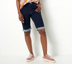 Bermuda shorts are a summer staple. And these Bermuda shorts -- with an easy stretch fabrication and stylish rolled cuffs -- fit every suns-out scenario.   The BBQ: wear them while enjoying a grilled burger and cool drink. Enhance this fab short with an Americana-themed tee and slide sandals, and get your yard-game on!  The beach vacation: pull them on before you bike into town for an omelet and fresh-squeezed juice. Just add sneakers and a zip-up jacket (in case there's a chill from that ocean Mid Rise Jean Shorts, Tankini With Shorts, Bermuda Shorts Women, Easy Stretches, Bermuda Short, Petite Shorts, Jeans For Short Women, Denim Cotton, Embroidered Jeans