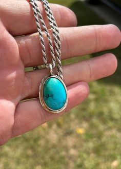 This is a beautiful blue turquoise with a hint of green in it. Set in a hand made sterling silver setting and polished by hand to a mirror finish.  33 x 19 x 9mm Bleu Turquoise, Blue Turquoise, Turquoise Sterling Silver, Sterling Silver Pendant, Turquoise Blue, Beautiful Blue, Sterling Silber, Sterling Silver Pendants, Pendant Necklaces