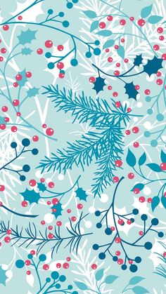 a blue and red christmas pattern with berries, holly branches and leaves on a light blue background