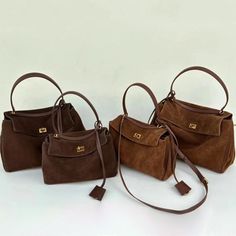 Small-W28cm, H21cm, D10cm, Medium-W35CM, H26cm, D11cm, Large-W40cm, H31cm, D12cm, Cow Suede, Vegan Lining Gold-tone Hardware Fixed Top Handle Come with shoulder strap Slouchy Brown Leather Bag, Suede Tote Bag, Soft Leather Handbags, Leather Shoulder Bags, Slouchy Style, Suede Bag, Suede Tote, Suede Handbags, Brown Leather Bag