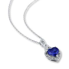 This pretty necklace for her is fashioned with a heart-shaped lab-created sapphire framed in twinkling diamonds. Additional diamonds adorn the top of the sterling silver pendant, bringing the total diamond weight to 1/20 carat. The 18-inch cable chain fastens with a spring ring clasp. Pretty Necklace, Necklace For Her, Pretty Necklaces, White Necklace, Sapphire Necklace, Sapphire Stone, Diamond Stone, Blue Stone, Sterling Silver Pendant