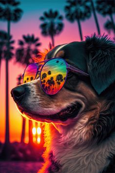 a dog wearing sunglasses while standing in front of palm trees at sunset with the sun setting