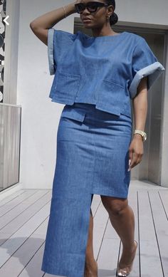 Chic Jean Outfits, Denim Diy Clothes, Skirt Crop Top, Denim Set, Boxy Crop Top, Mode Kimono, Skirt Crop