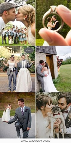 a collage of wedding pictures with the bride and groom kissing