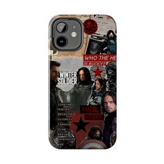 the winter soldier phone case is shown with many pictures and words on it's back cover