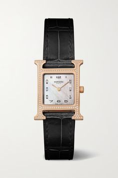 Originally created by Parisian designer Philippe Mouquet, Hermès' 'Heure H' watch highlights the maison's monogram with an 18-karat rose gold case glistening with radiant diamonds. The dial is equally enchanting - set with delicate mother-of-pearl that glows beneath Arabic numerals and sword-shaped hands. As with all of the brand's timepieces, the straps are interchangeable, but the original black alligator is a classic.Each Hermès 'Heure H' watch comes with instructions on how to change the str Dream Accessories, Luxurious Accessories, Hermes Watch, Black Alligator, Piece By Piece, Watches Women, Rose Gold Case, Lucky Charms, Radiant Diamond