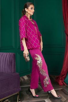 Fashion: #fashion, #style, #outfitinspiration, #beauty Organza Jumpsuit, Jumpsuit And Jacket, Dragon Motif, Formal Jumpsuit, Pakistani Fashion Casual, Geometric Embroidery, Boutique Dress Designs, Pakistani Dress Design