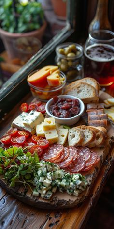 a wooden board topped with lots of different types of food