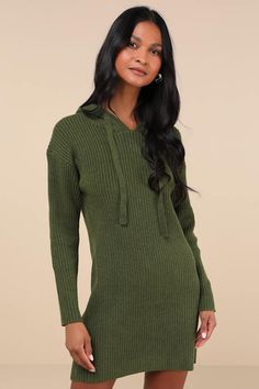 The Lulus Snuggly Option Olive Green Hooded Mini Sweater Dress is the cutest and coolest way to stay cozy all day long! Super soft ribbed knit shapes this must-have sweater dress that features an oversized drawstring hood framed by long sleeves with drop shoulders. Relaxed, shift silhouette leads to a cute mini hem. Pair with your cutest knee-high boots for the ultimate cold-weather look! Fit: This garment fits true to size. Length: Mid-thigh. Size medium Bust: Great for any cup size. Waist: Not Fitted - comfortable room throughout midsection. Hip: Not Fitted - room for hips. Undergarments: May be worn with any standard bra. Fabric: Fabric is very stretchy. Unlined. 53% Polyester, 35% Recycled Polyester, 12% Nylon. Hand Wash Cold. Do Not Bleach. Line Dry. Iron Low Heat. Imported. Lulus | S Winter Sweater Dress With Ribbed Cuffs, Ribbed Knit Sweater Dress For Loungewear, Fall Ribbed Knit Sweater Dress, Cozy Knit Sweater Dress For Loungewear, Winter Long Sleeve Sweater Dress With Ribbed Cuffs, Casual Ribbed Knit Sweater Dress, Trendy Long Sleeve Knit Sweater Dress, Ribbed Stretch Sweater Dress For Fall, Casual Knitted Sweater Dress For Loungewear