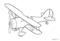 a drawing of an airplane flying in the sky with one wing extended and two wheels down