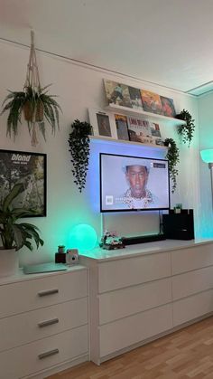 a living room with a large flat screen tv mounted to the wall and plants on top of it