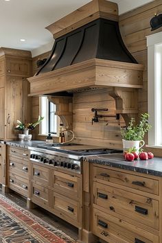 a kitchen with wooden cabinets and an oven