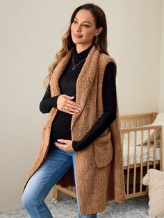 Maternity Dual Pocket Shawl Collar Open Front Teddy Vest Coat, Autumn Winter Khaki Casual  Sleeveless Knitted Fabric Plain vest Slight Stretch Winter Maternity Clothing, size features are:Bust: ,Length: ,Sleeve Length: Maternity Sweater Vest Outfit, Maternity Puffer Vest Outfit, Winter Pregnancy Outfits 2024, Fall/winter Maternity Fashion, Maternity Fall Outfits, Winter Maternity Sweater, Maternity Two Piece, Plain Vest, Winter Maternity Outfits