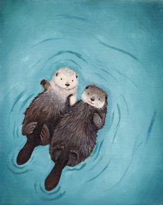 two otters floating in the water with their backs turned to look like they are hugging