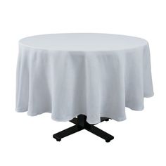 a round table with a black base and white cloth on it's top, viewed from the front