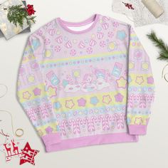 A super sweet and soft sweatshirt inspired by vintage sweaters, feautring holiday elements, but perfect to wear all winter long. Find other Candy land and Kirara items in my shop * 70% polyester, 27% cotton, 3% elastane * Soft cotton-feel face * Brushed fleece fabric inside * Unisex style * Ships directly from Printful. Fancy Sweater, Pastel Outfit, Pastel Fashion, Kawaii Fashion Outfits, Zooey Deschanel, Candy Land, Kawaii Clothes, Cute Sweaters, Harajuku Fashion