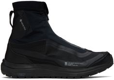 High-top piece-dyed waterproof GORE-TEX® bonded jersey and ripstop sneakers in black. Grained leather trim, bonded trim, and printed logos throughout. · Zip closure at vamp · Concealed lace-up closure · Pull-loop at elasticized collar · Reflective logo bonded at heel counter · Mesh lining · EnergyCell foam rubber midsole · Treaded Contagrip® rubber outsole Part of the 11 by Boris Bidjan Saberi x Salomon collaboration. Supplier color: Black Black Nylon High-top Sneakers With Vibram Sole, Black Waterproof Technical Sneakers, Technical Black Waterproof Sneakers, Nylon High-top Sneakers With Vibram Sole For Streetwear, High-top Nylon Sneakers With Vibram Sole For Streetwear, Sports High-top Nylon Sneakers, Urban Nylon Sneakers With Reflective Details, Nylon High-top Sneakers For Streetwear, Nylon High-top Sneakers For Sports