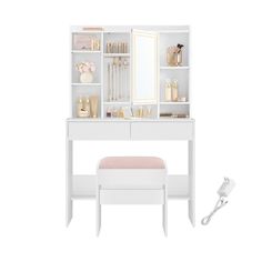 a white desk with a mirror, stool and shelf on it's side next to a hair dryer