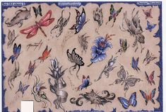 an image of butterflies and flowers on a piece of paper with blue trimmings