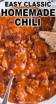 a white bowl filled with chili and bread