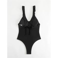 Features: Elevate your beach look with our V-neck, ruffled one-piece swimsuit. Made for confident women, the high leg cut accentuates your figure while the backless design adds a touch of sensuality. Perfect for lounging or swimming, this frilled monokini is a must-have for your swimwear collection. Chic Solid Swimwear With Ruffles, Solid Ruffled Bodysuit For Poolside, Chic Solid Color Swimwear With Ruffles, Solid Color Ruffled Bodysuit For Poolside, Ruffled Bodysuit For Poolside, Solid Ruffled Bodysuit For Beach Season, Ruffled Bodysuit For Beach Season, Solid Color Ruffled Bodysuit For Beach Season, Fitted Swimwear With Ruffled Straps For Beach