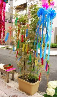 colorful streamers hanging from the side of a building next to a potted plant